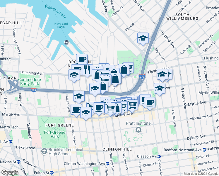 map of restaurants, bars, coffee shops, grocery stores, and more near 37 Hall Street in Brooklyn