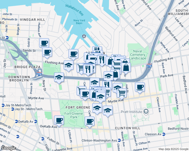 map of restaurants, bars, coffee shops, grocery stores, and more near 40 Vanderbilt Avenue in Brooklyn