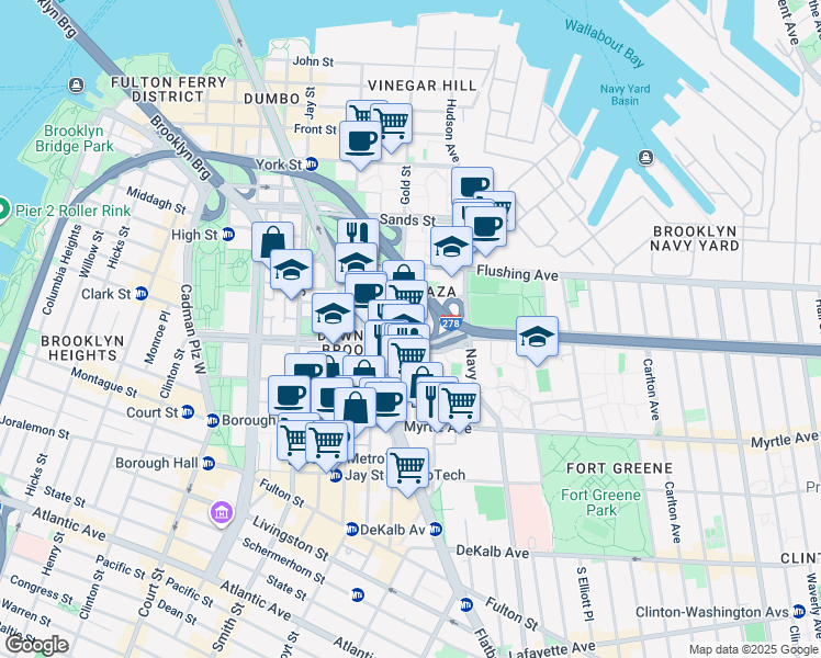 map of restaurants, bars, coffee shops, grocery stores, and more near 269 Gold Street in Brooklyn