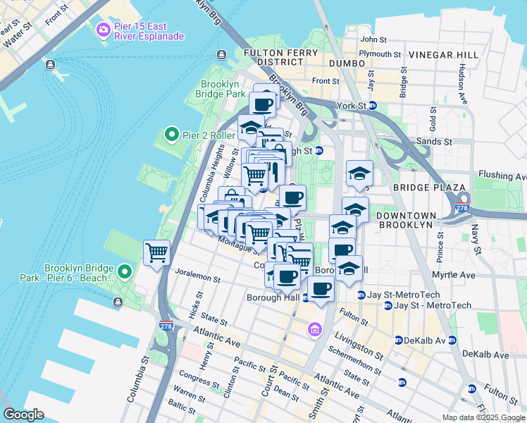 map of restaurants, bars, coffee shops, grocery stores, and more near 138 Henry Street in Brooklyn
