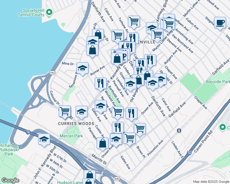 map of restaurants, bars, coffee shops, grocery stores, and more near 202 Pearsall Avenue in Jersey City