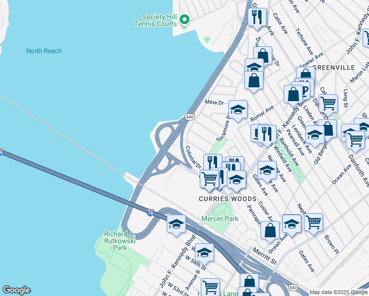 map of restaurants, bars, coffee shops, grocery stores, and more near 190 West 63rd Street in Bayonne