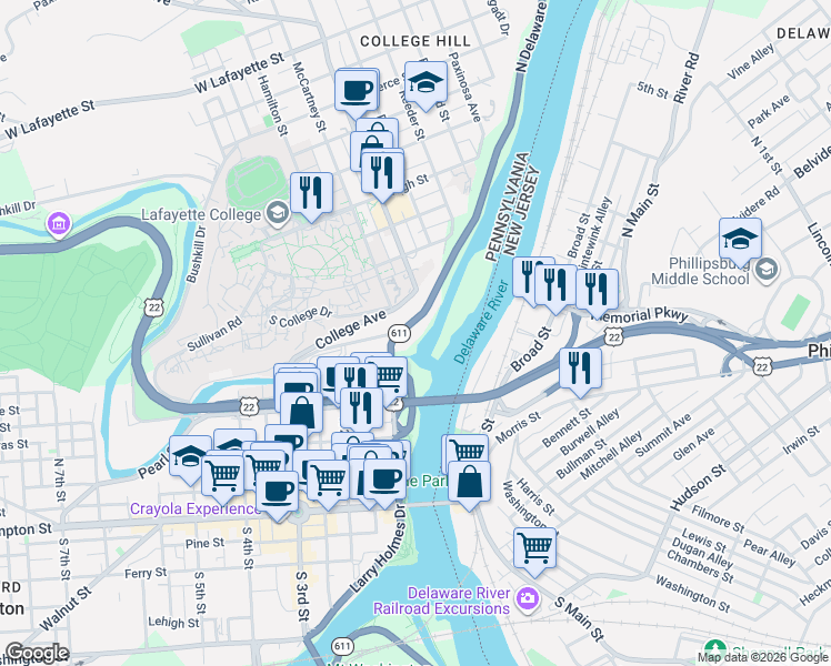 map of restaurants, bars, coffee shops, grocery stores, and more near 41-43 North Delaware Drive in Easton