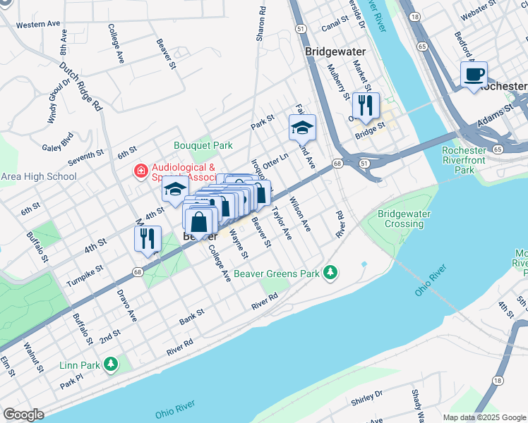 map of restaurants, bars, coffee shops, grocery stores, and more near 381 3rd Street in Beaver