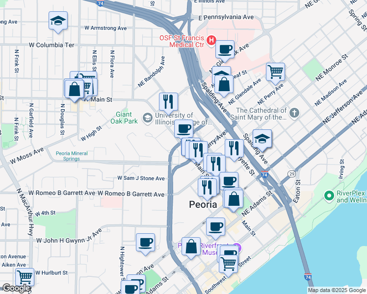 map of restaurants, bars, coffee shops, grocery stores, and more near 735 Main Street in Peoria