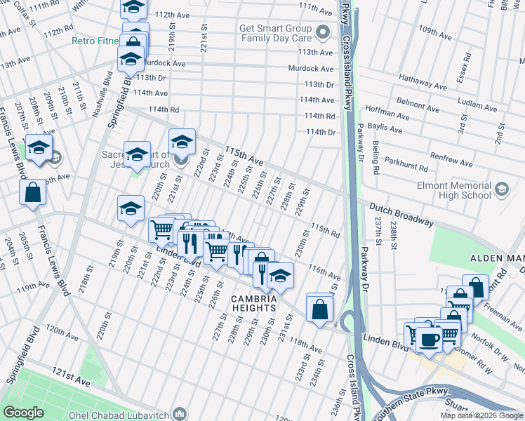 map of restaurants, bars, coffee shops, grocery stores, and more near 115-66 227th Street in Queens