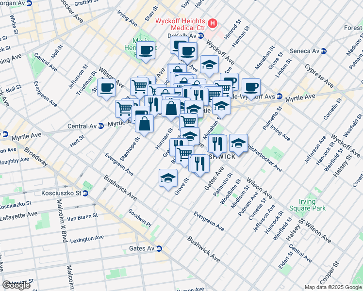map of restaurants, bars, coffee shops, grocery stores, and more near 155 Bleecker Street in Brooklyn