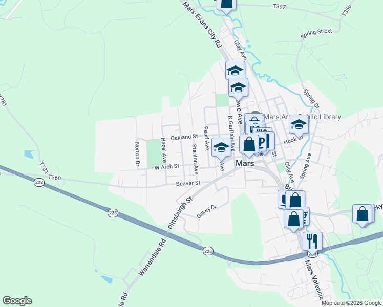 map of restaurants, bars, coffee shops, grocery stores, and more near 622 Stanton Avenue in Mars