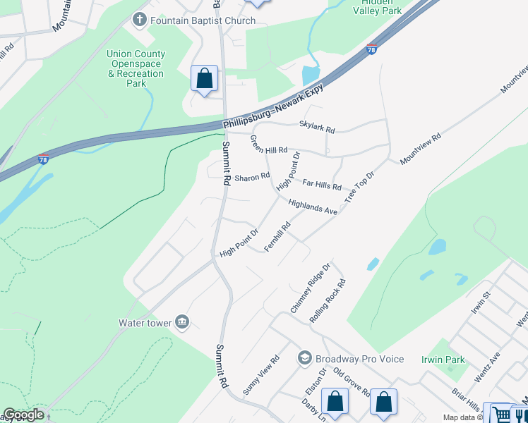 map of restaurants, bars, coffee shops, grocery stores, and more near 53 High Point Drive in Springfield Township