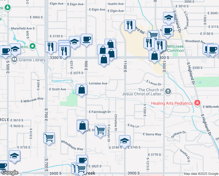 map of restaurants, bars, coffee shops, grocery stores, and more near 1021 East Millbert Avenue in Salt Lake City
