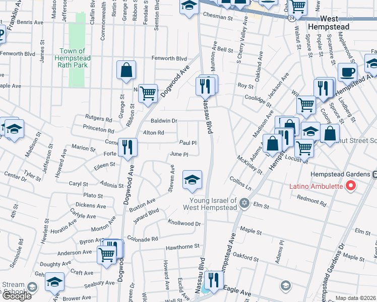map of restaurants, bars, coffee shops, grocery stores, and more near 346 June Place in West Hempstead