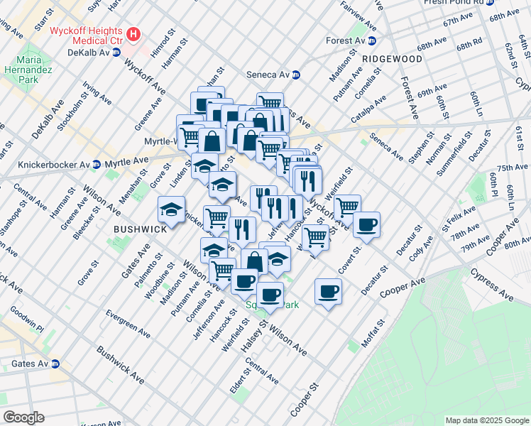 map of restaurants, bars, coffee shops, grocery stores, and more near 429 Irving Avenue in Brooklyn