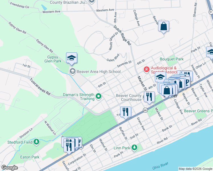 map of restaurants, bars, coffee shops, grocery stores, and more near 555 Navigation Street in Beaver