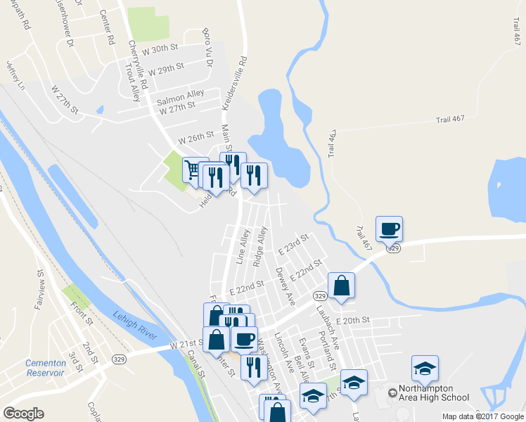 map of restaurants, bars, coffee shops, grocery stores, and more near 2393 Washington Avenue in Northampton