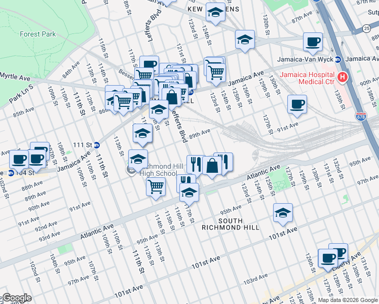 map of restaurants, bars, coffee shops, grocery stores, and more near 89-40 120th Street in Queens