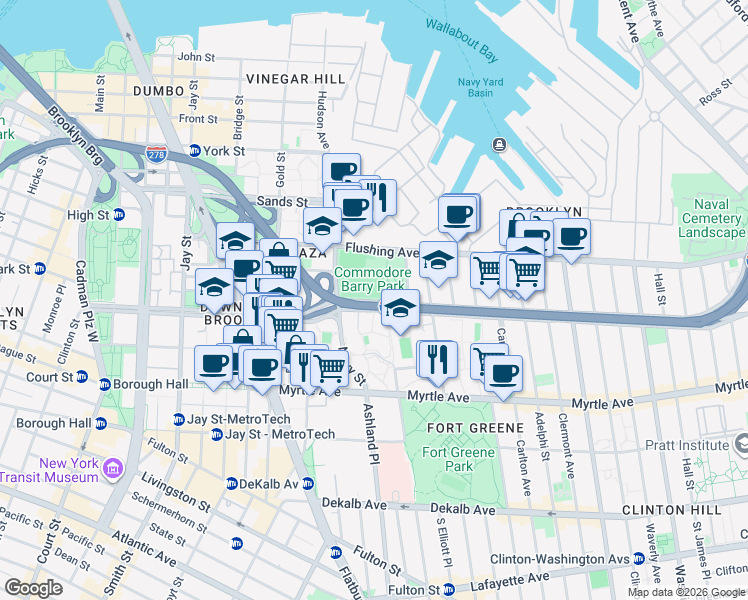 map of restaurants, bars, coffee shops, grocery stores, and more near 45 Park Avenue in Brooklyn