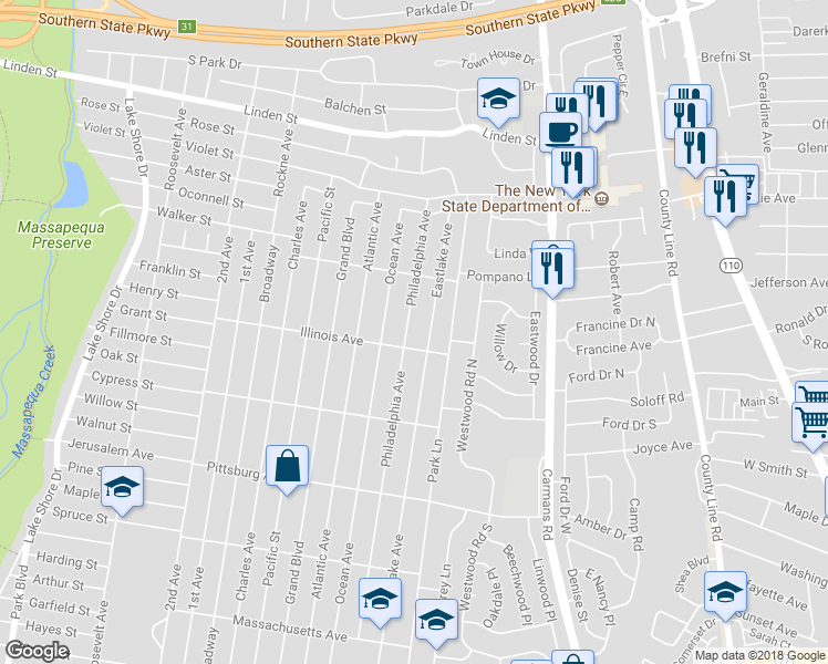 map of restaurants, bars, coffee shops, grocery stores, and more near 409 Philadelphia Avenue in Massapequa Park
