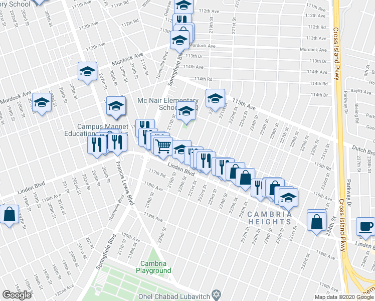 map of restaurants, bars, coffee shops, grocery stores, and more near 116-15 219th Street in Queens