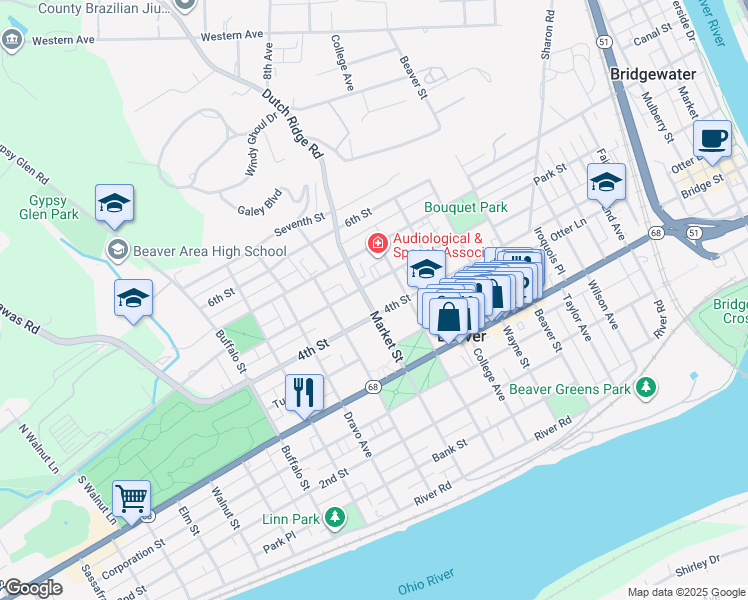 map of restaurants, bars, coffee shops, grocery stores, and more near 424 Market Street in Beaver