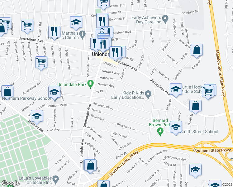 map of restaurants, bars, coffee shops, grocery stores, and more near 705 Tower Court in Uniondale