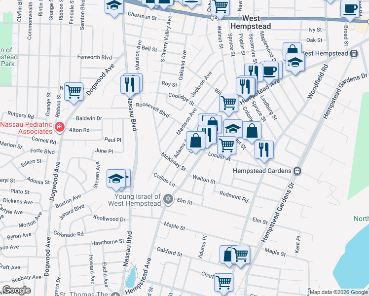 map of restaurants, bars, coffee shops, grocery stores, and more near 513 Adams Avenue in West Hempstead
