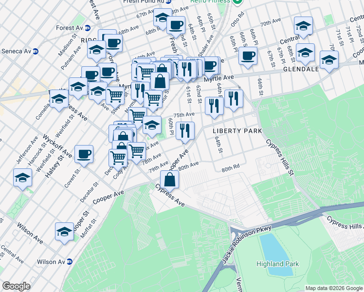 map of restaurants, bars, coffee shops, grocery stores, and more near 60-49 Cooper Avenue in Queens