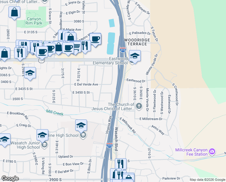 map of restaurants, bars, coffee shops, grocery stores, and more near 3475 Cummings Road in Salt Lake City