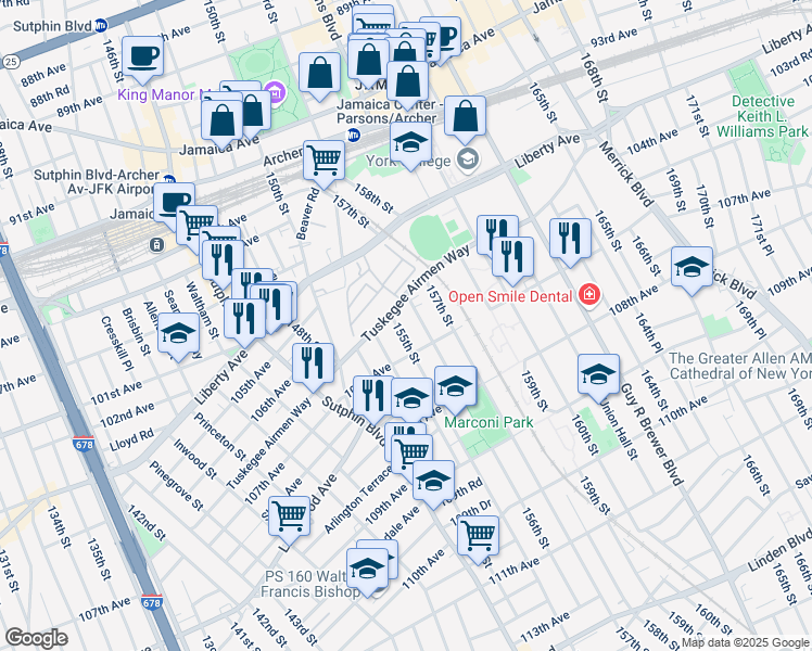 map of restaurants, bars, coffee shops, grocery stores, and more near 106-15 155th Street in Queens