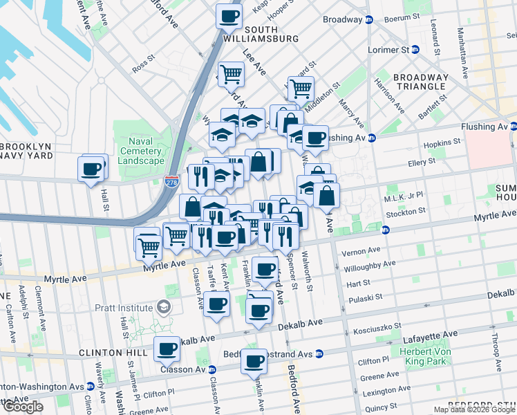 map of restaurants, bars, coffee shops, grocery stores, and more near 64 Skillman Street in Brooklyn