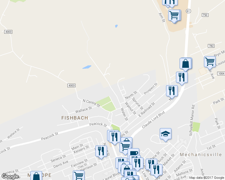 map of restaurants, bars, coffee shops, grocery stores, and more near 848 Water Street in Pottsville