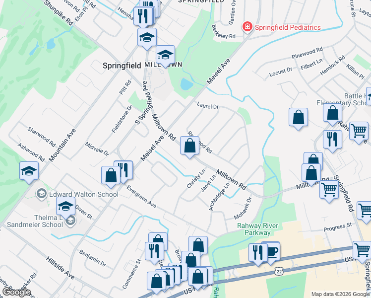 map of restaurants, bars, coffee shops, grocery stores, and more near 255 Milltown Road in Springfield