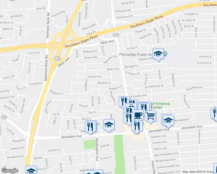 map of restaurants, bars, coffee shops, grocery stores, and more near 4079 Bayberry Lane in Seaford
