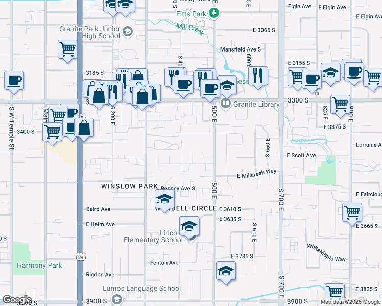 map of restaurants, bars, coffee shops, grocery stores, and more near 415 East Scott Avenue in South Salt Lake