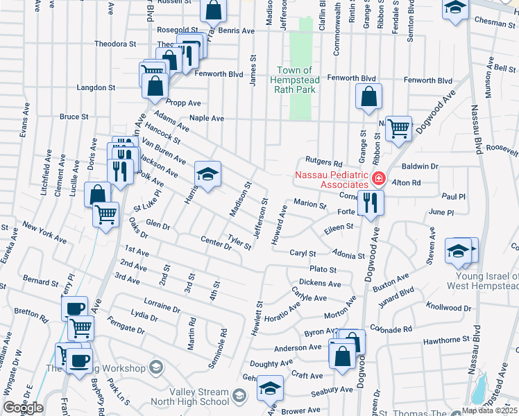 map of restaurants, bars, coffee shops, grocery stores, and more near 833 Van Buren Avenue in Franklin Square