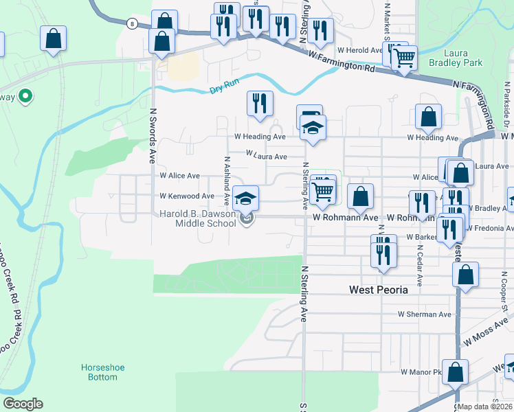 map of restaurants, bars, coffee shops, grocery stores, and more near 2622 W Kenwood Ave in West Peoria