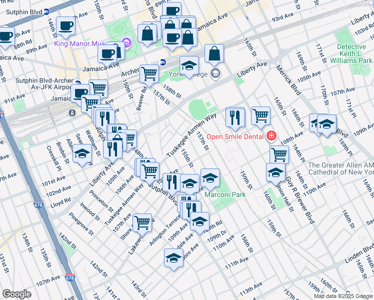 map of restaurants, bars, coffee shops, grocery stores, and more near 106-15 155th Street in Queens