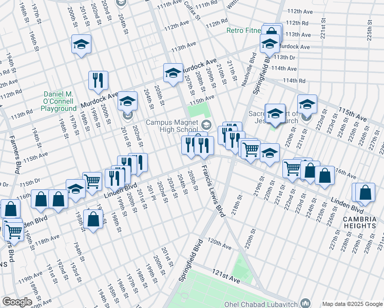 map of restaurants, bars, coffee shops, grocery stores, and more near 205-16 116th Road in Queens