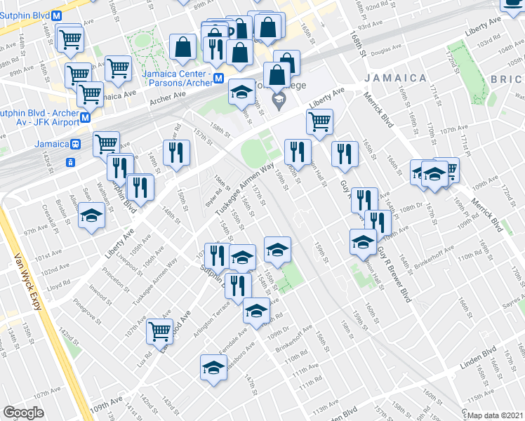 map of restaurants, bars, coffee shops, grocery stores, and more near 106-48 157th Street in Queens