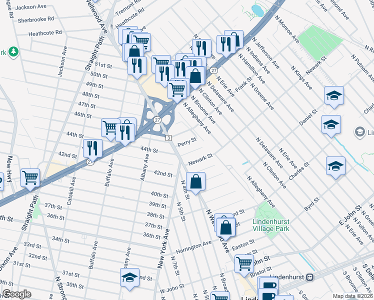 map of restaurants, bars, coffee shops, grocery stores, and more near 24 Oxford Street in Lindenhurst
