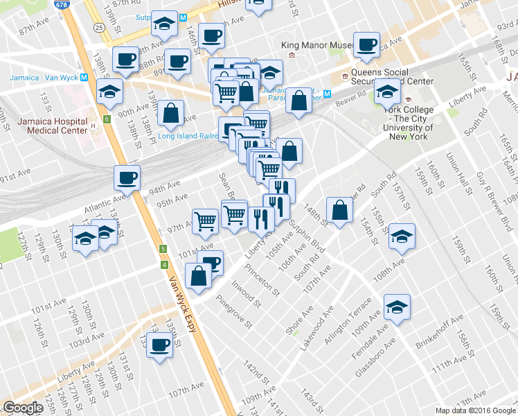 map of restaurants, bars, coffee shops, grocery stores, and more near 97-17 Waltham Street in Queens