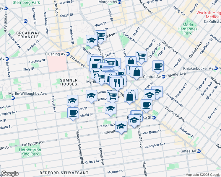 map of restaurants, bars, coffee shops, grocery stores, and more near 6 Stuyvesant Avenue in Brooklyn