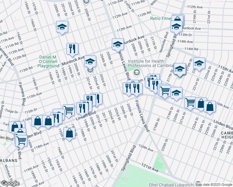 map of restaurants, bars, coffee shops, grocery stores, and more near 116-11 204th Street in Queens