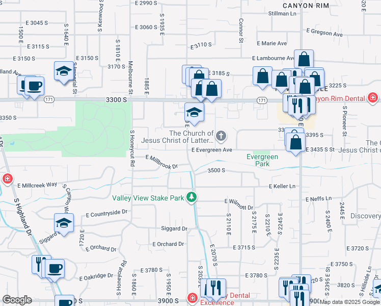 map of restaurants, bars, coffee shops, grocery stores, and more near 3475 South 2000 East in Salt Lake City