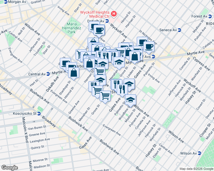 map of restaurants, bars, coffee shops, grocery stores, and more near 300 Wilson Avenue in Brooklyn