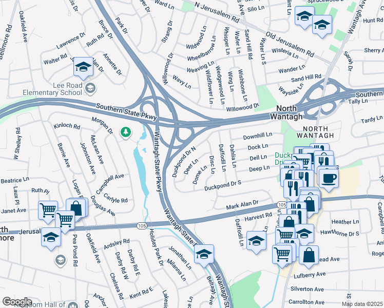 map of restaurants, bars, coffee shops, grocery stores, and more near 12 Deer Lane in Wantagh
