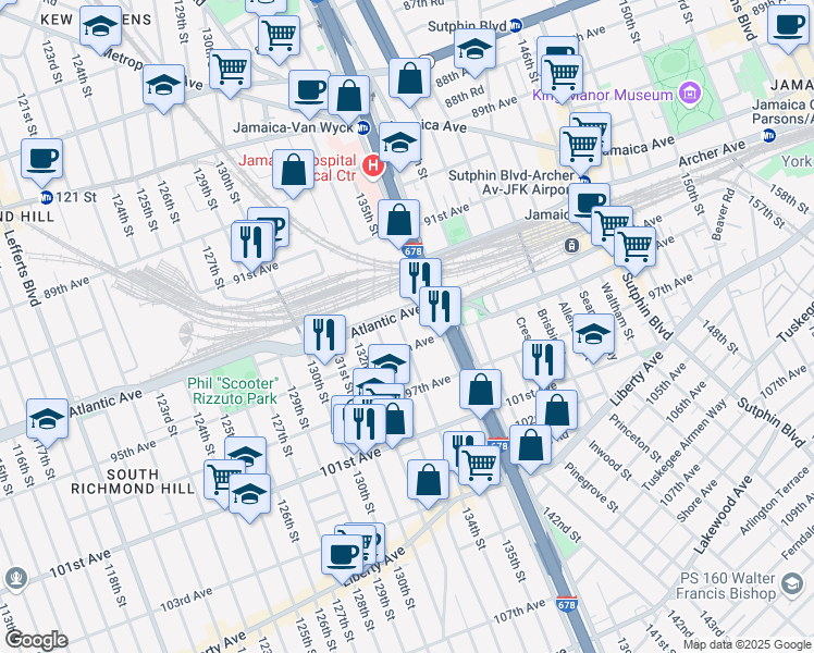 map of restaurants, bars, coffee shops, grocery stores, and more near 94-15 134th Street in Queens