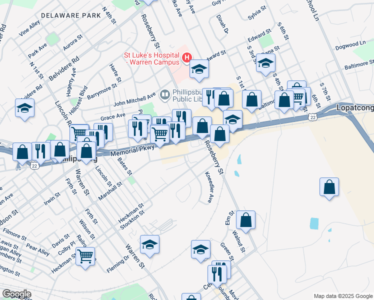 map of restaurants, bars, coffee shops, grocery stores, and more near 543 Marshall Street in Phillipsburg