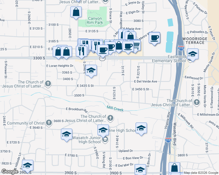 map of restaurants, bars, coffee shops, grocery stores, and more near 3094 East Evergreen Avenue in Salt Lake City