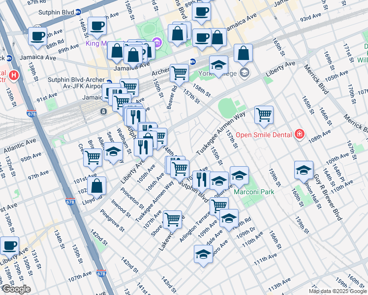 map of restaurants, bars, coffee shops, grocery stores, and more near 10523 150th Street in Queens
