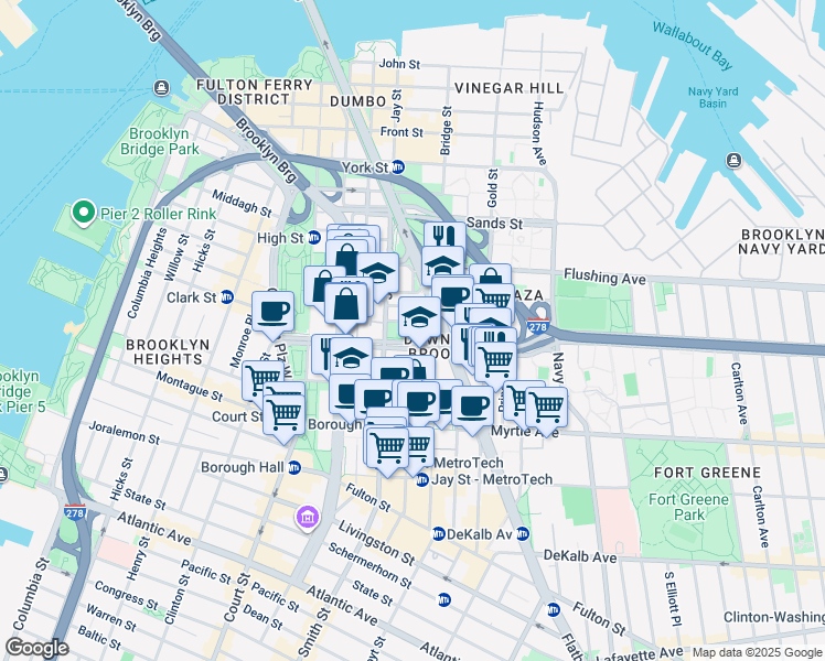 map of restaurants, bars, coffee shops, grocery stores, and more near 24 Cathedral Place in Brooklyn